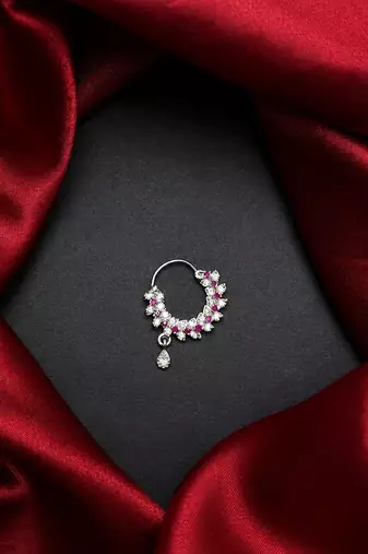 silver cz bridal nath nose ring  indian nose pin with dangle charm