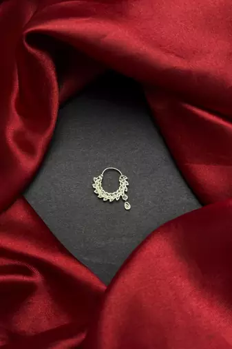 silver cz bridal nath nose ring  indian nose pin with dangle charm