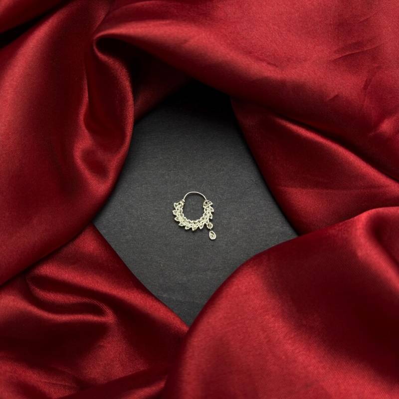 silver cz bridal nath nose ring  indian nose pin with dangle charm