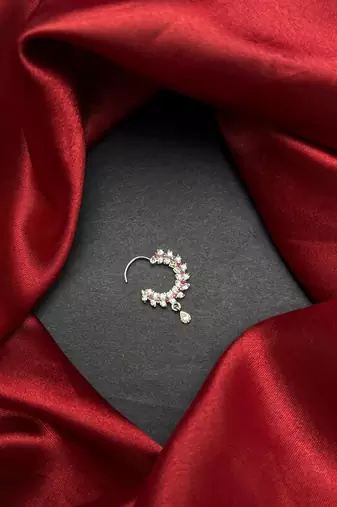 silver cz bridal nath nose ring  indian nose pin with dangle charm