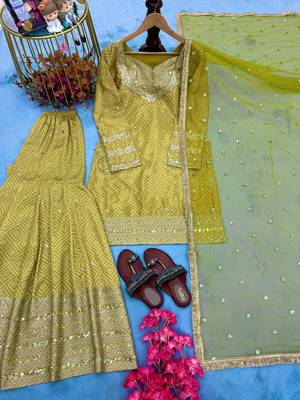 Mustard chinon readymade suit with embroidery & sequence work 3