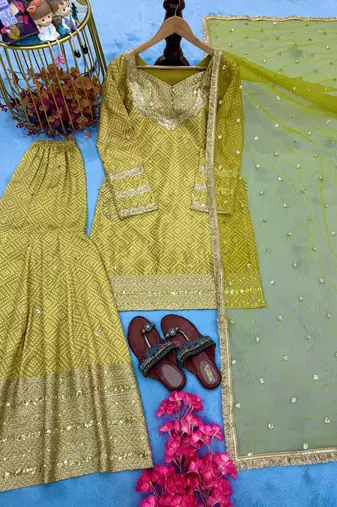 Mustard chinon readymade suit with embroidery & sequence work