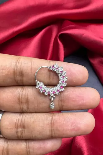 silver cz bridal nath nose ring  indian nose pin with dangle charm