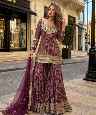 Brown chinon readymade suit with embroidery & sequence work 1