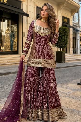 Brown chinon readymade suit with embroidery & sequence work