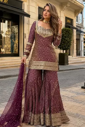 Brown chinon readymade suit with embroidery & sequence work