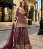 Brown chinon readymade suit with embroidery & sequence work