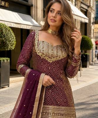 Brown chinon readymade suit with embroidery & sequence work 2