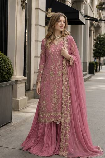 Pink georgette readymade suit with embroidery & sequence work