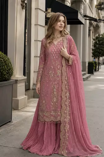 Pink georgette readymade suit with embroidery & sequence work