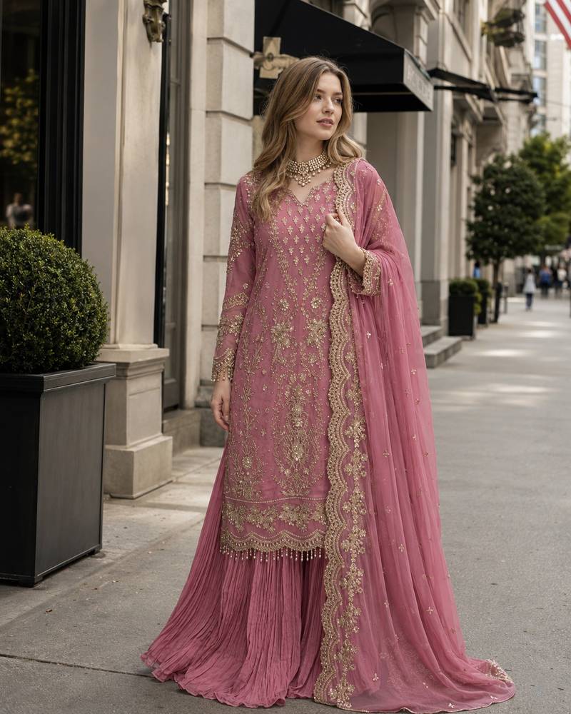 Pink georgette readymade suit with embroidery & sequence work