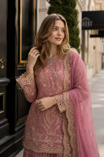 Pink georgette readymade suit with embroidery & sequence work