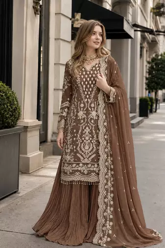 Brown georgette readymade suit with embroidery & sequence work