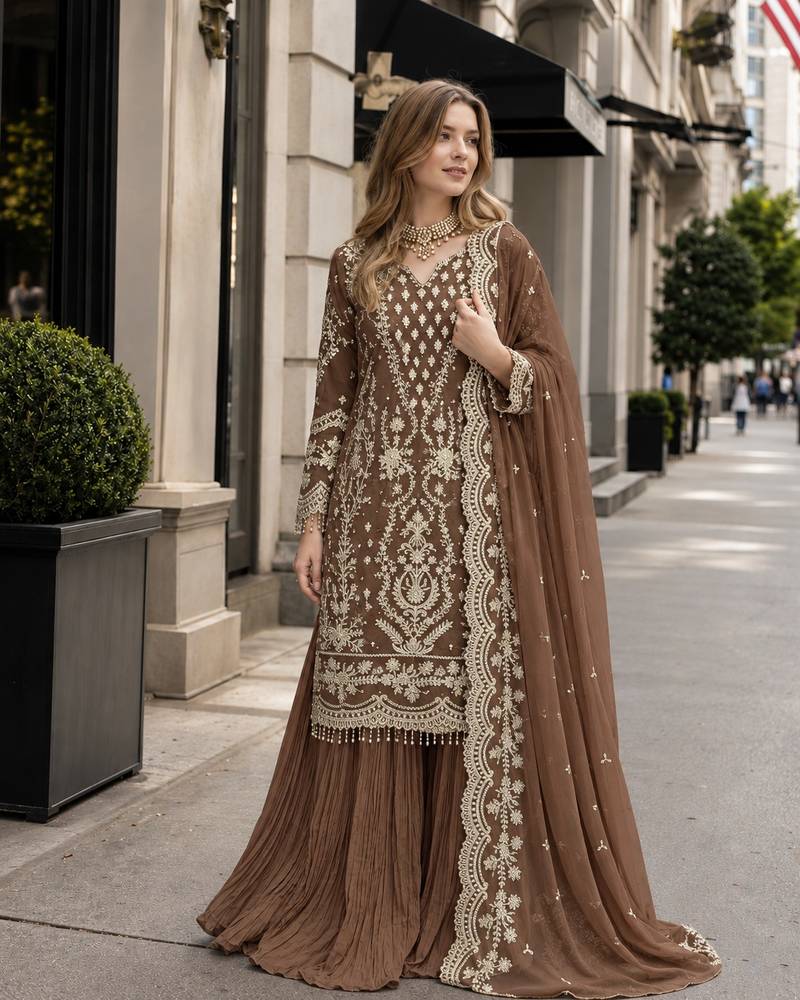 Brown georgette readymade suit with embroidery & sequence work
