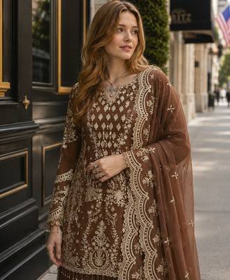 Brown georgette readymade suit with embroidery & sequence work 2