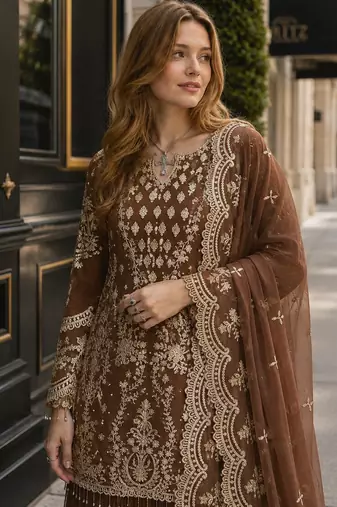 Brown georgette readymade suit with embroidery & sequence work