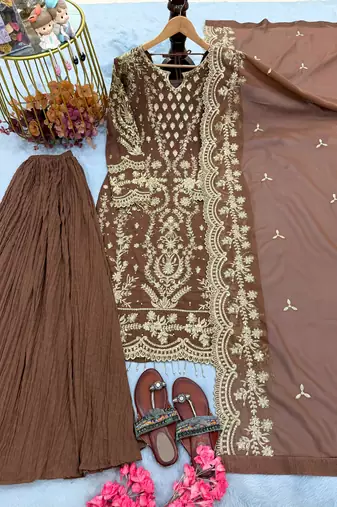 Brown georgette readymade suit with embroidery & sequence work