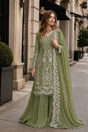 Green georgette readymade suit with embroidery & sequence work