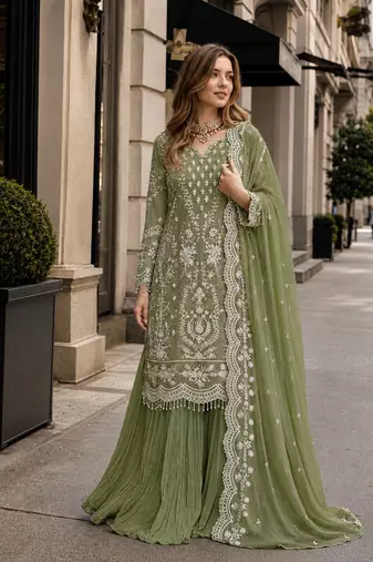 Green georgette readymade suit with embroidery & sequence work