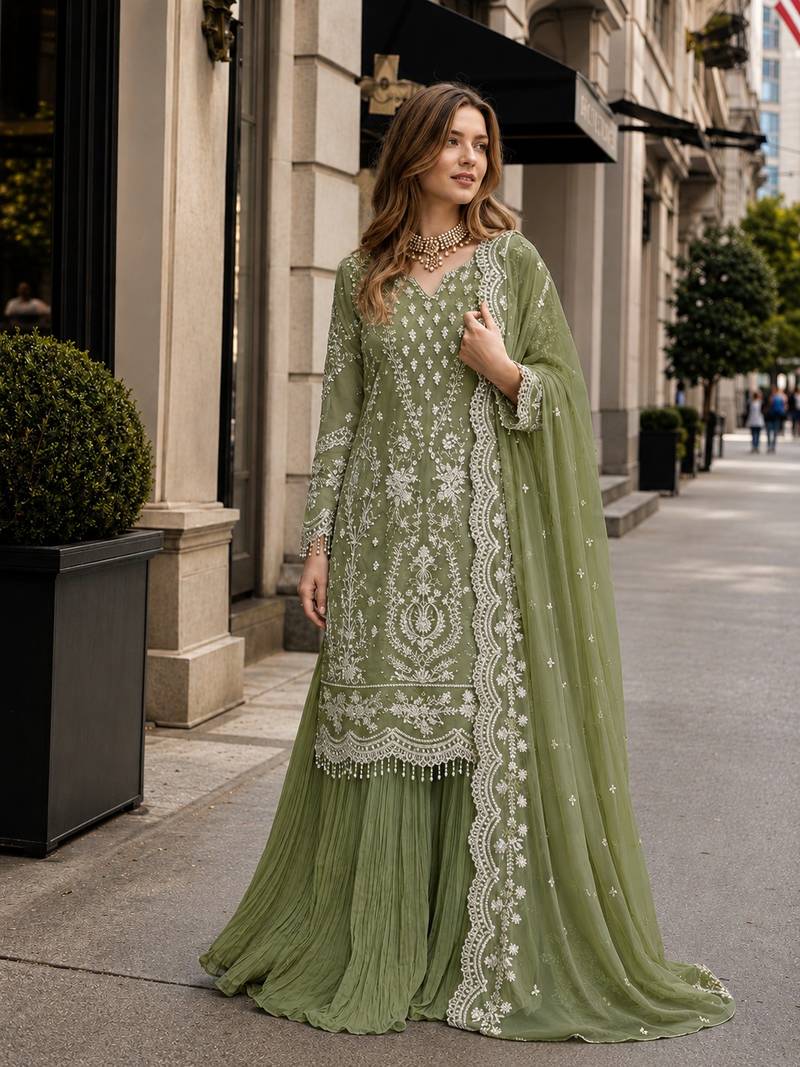 Green georgette readymade suit with embroidery & sequence work