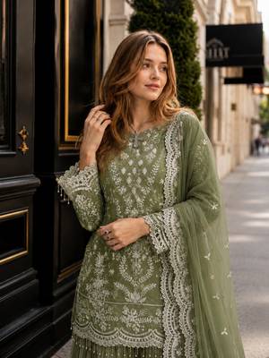 Green georgette readymade suit with embroidery & sequence work 2