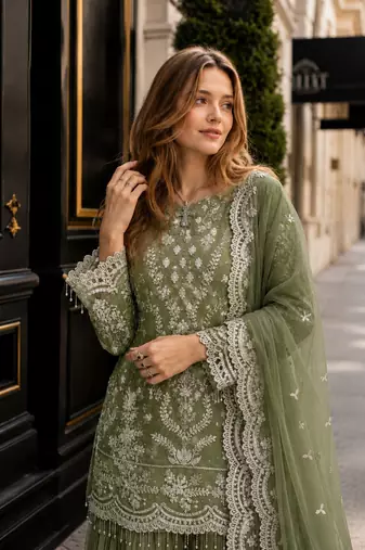 Green georgette readymade suit with embroidery & sequence work