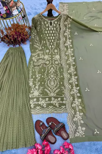 Green georgette readymade suit with embroidery & sequence work