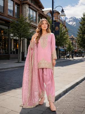 Pink silk blend readymade suit with embroidery & sequence work 1