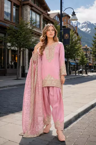 Pink silk blend readymade suit with embroidery & sequence work