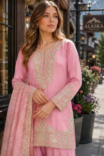Pink silk blend readymade suit with embroidery & sequence work