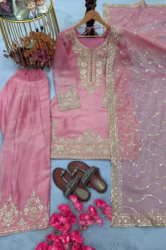Pink silk blend readymade suit with embroidery & sequence work
