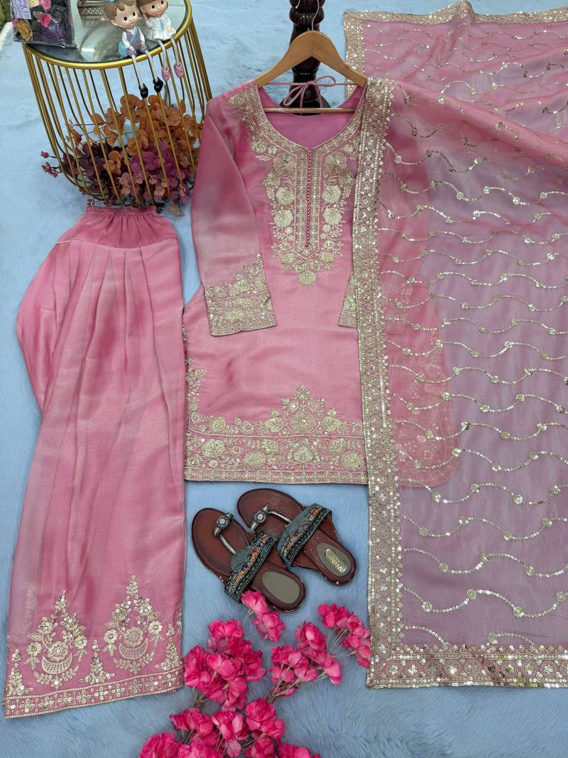 Pink silk blend readymade suit with embroidery & sequence work