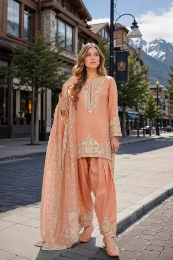 Orange silk blend  readymade suit with embroidery & sequence work
