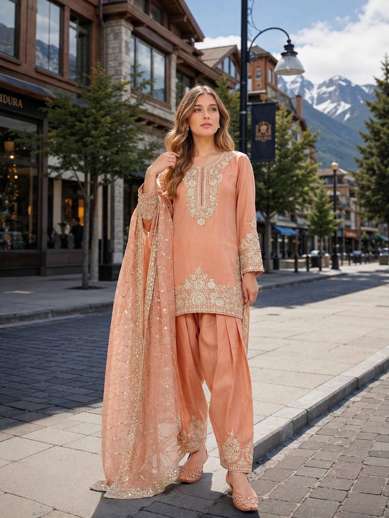 Orange silk blend  readymade suit with embroidery & sequence work