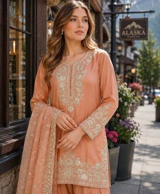 Orange silk blend  readymade suit with embroidery & sequence work 2