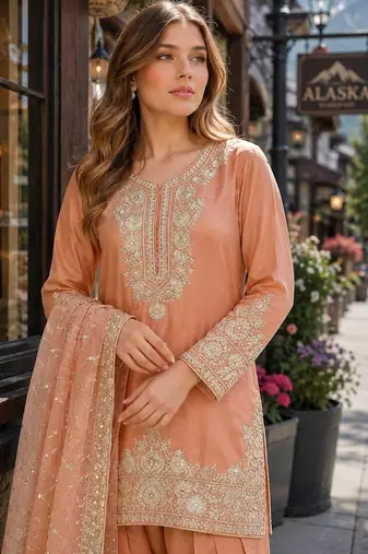 Orange silk blend  readymade suit with embroidery & sequence work