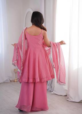 Women pink embellished peplum kurti sharara set with scallop border dupatta 4