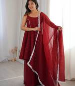 Women red embellished peplum kurti sharara set with scallop border dupatta
