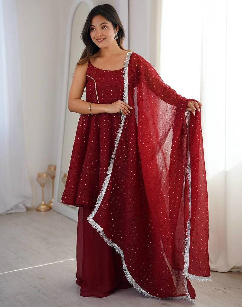 Women red embellished peplum kurti sharara set with scallop border dupatta