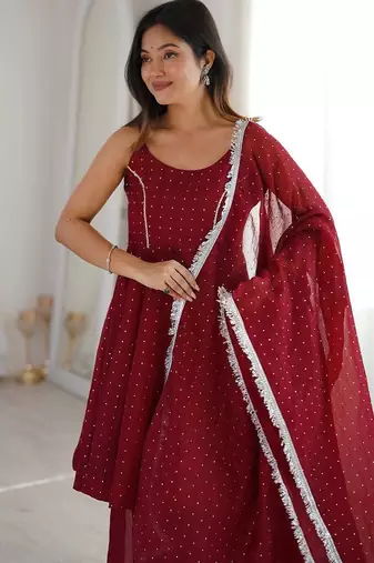 Women red embellished peplum kurti sharara set with scallop border dupatta