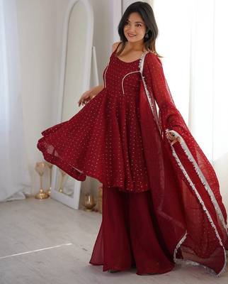 Women red embellished peplum kurti sharara set with scallop border dupatta 3