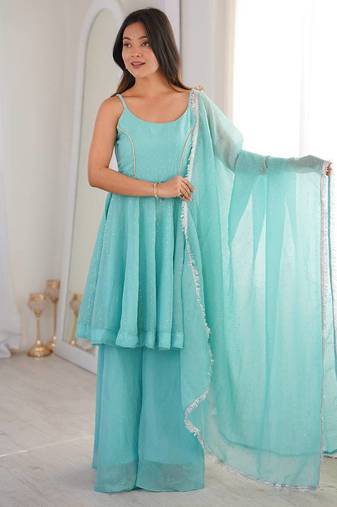 Women sky embellished peplum kurti sharara set with scallop border dupatta