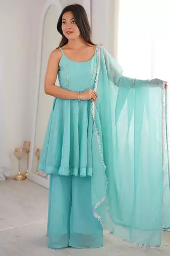 Women sky embellished peplum kurti sharara set with scallop border dupatta