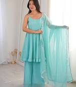 Women sky embellished peplum kurti sharara set with scallop border dupatta