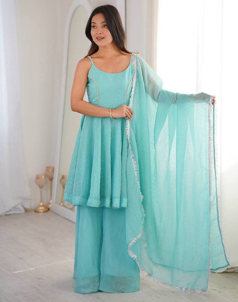 Women sky embellished peplum kurti sharara set with scallop border dupatta