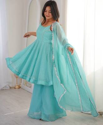 Women sky embellished peplum kurti sharara set with scallop border dupatta 4