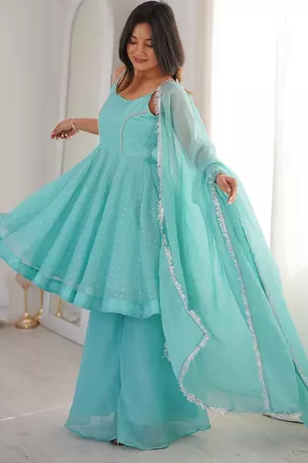Women sky embellished peplum kurti sharara set with scallop border dupatta