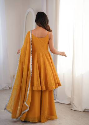 Women yellow embellished peplum kurti sharara set with scallop border dupatta 4
