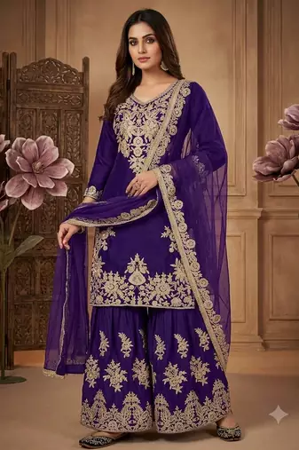 Women ethnic dark royal blue heavy embroidered kurti palazzo suit with dupatta