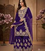 Women ethnic dark royal blue heavy embroidered kurti palazzo suit with dupatta